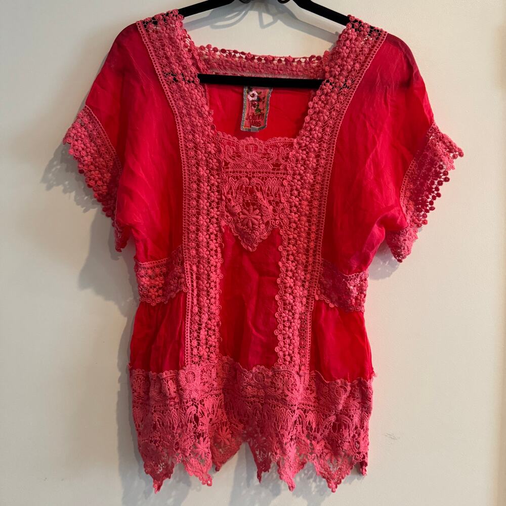 Johnny Was Georgette Top Pink Square Neck Embroidered Short Sleeve Sz XS